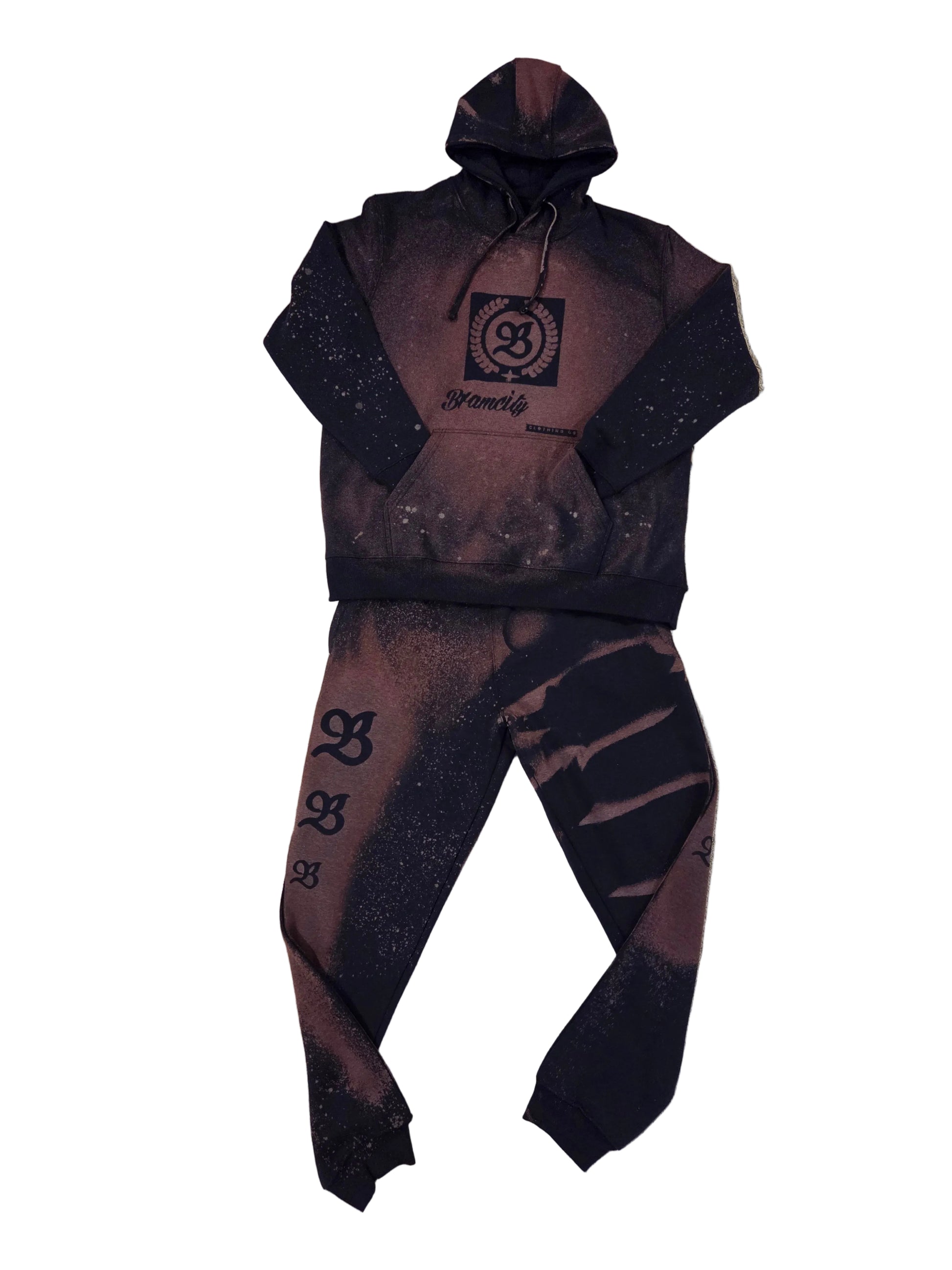 FRONT view Black hoodie and pants set with brand logo on 