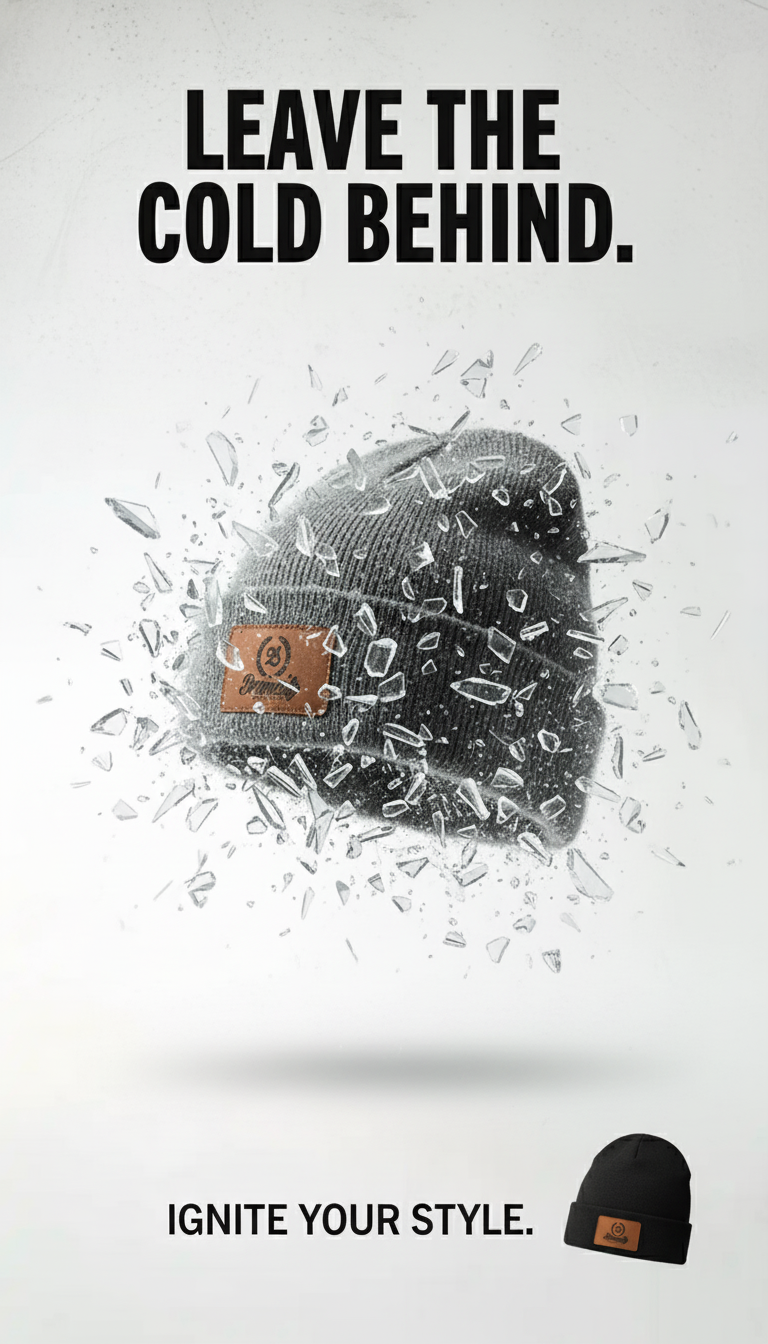 Black beanie with brand logo surrounded by shattered glass on a light gray background with text.