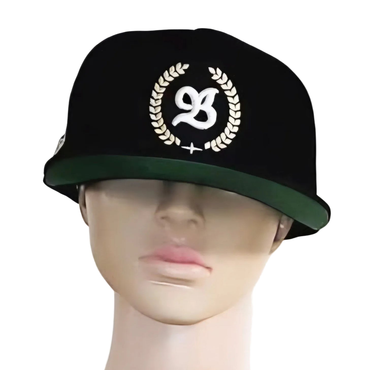Bram City Black Snapback with a white logo on a mannequin head against a white background